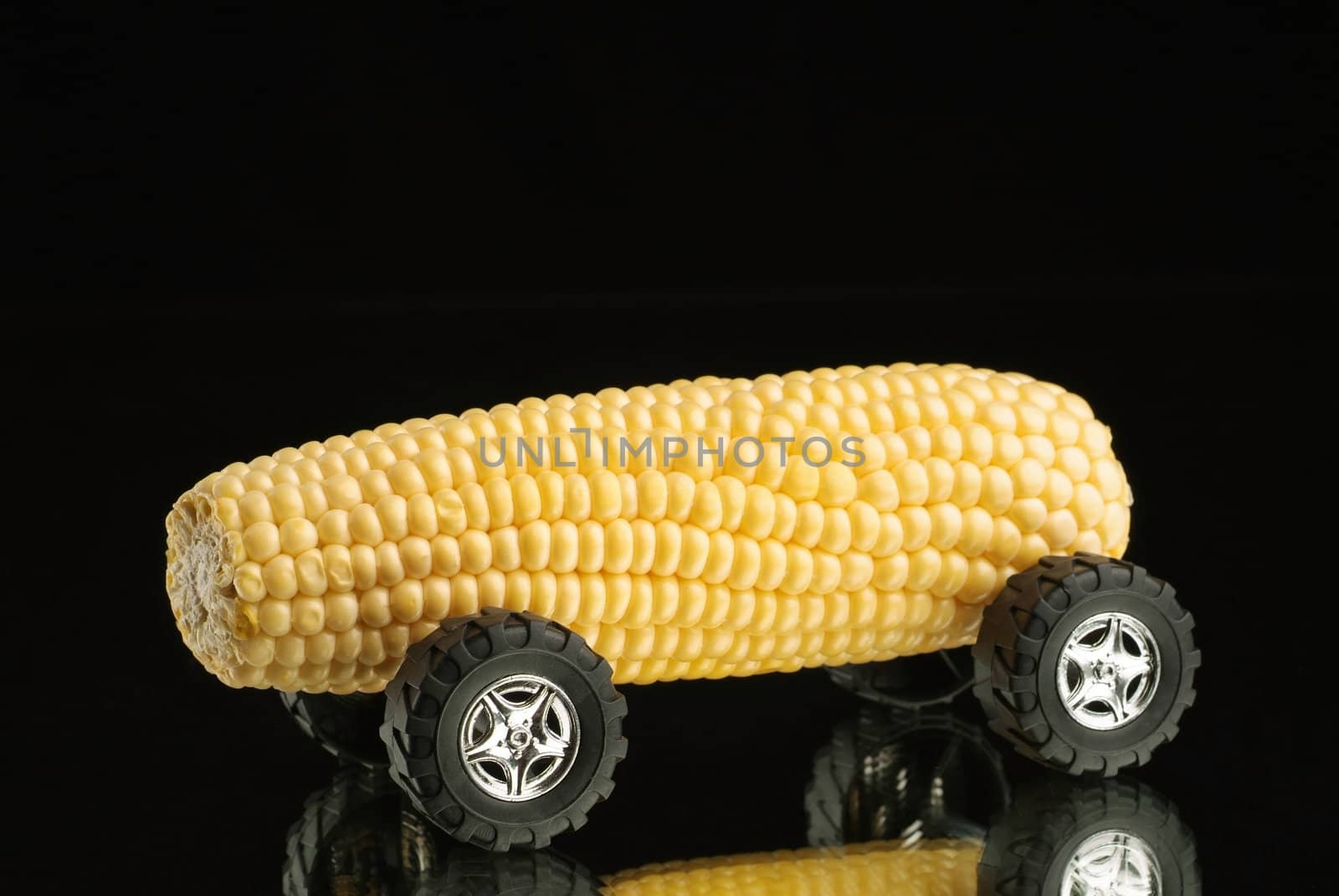 Sweet Corn Car with Reflection on Mirror, Bio Fuel Concept