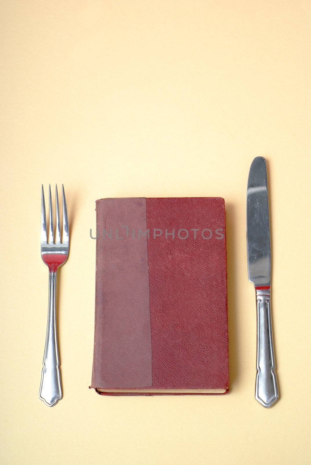 Learn by eating knowledge in book with knife and fork concept