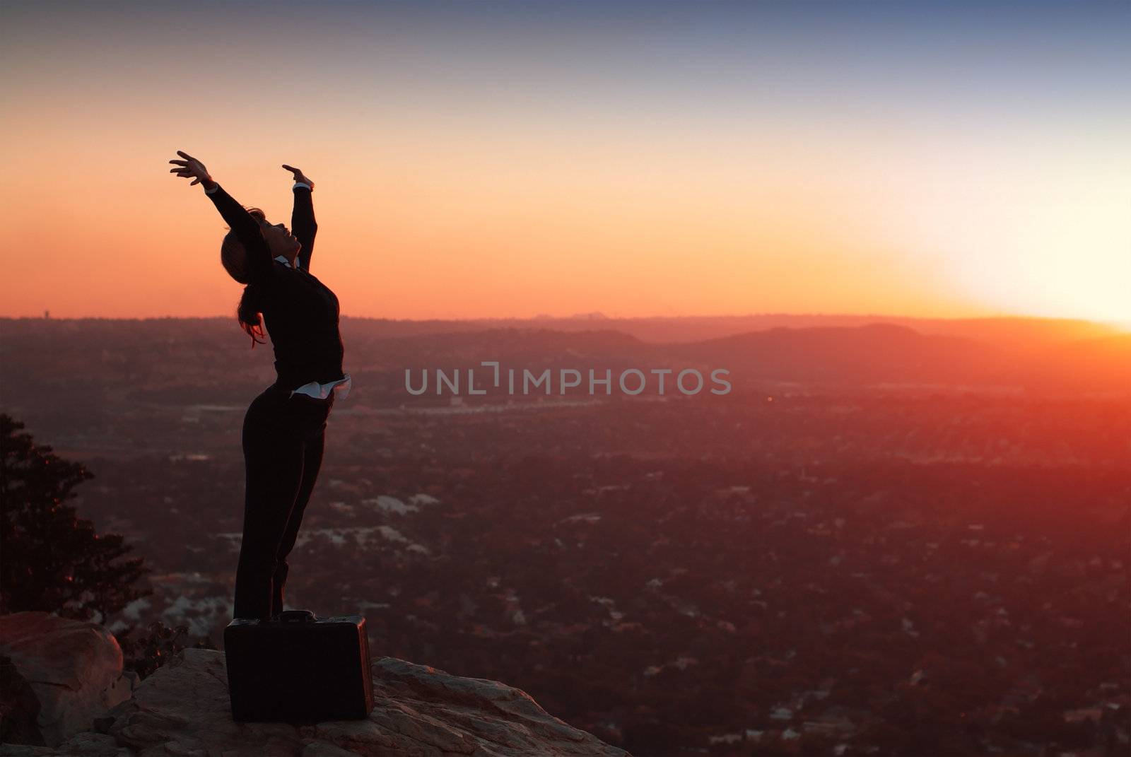 Silhouette of African American Business Woman ontop of Hill during Sunset
