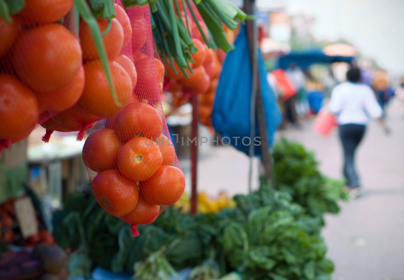 Alexandra, Johannesburg African market scene with shack and tomatos - shallow depth of field with focus on front tomatos