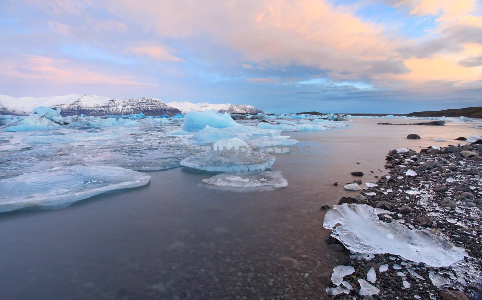 The glacier lagoon at sunrise in vatnajokull national parl