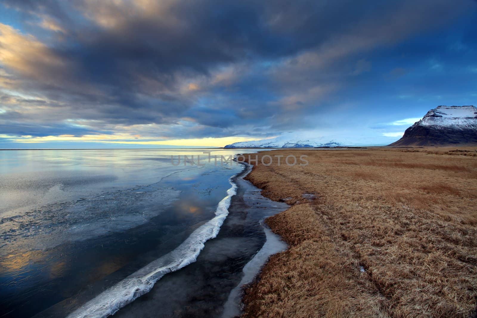 Ice shapes in the east fjords iceland at sunset in winter