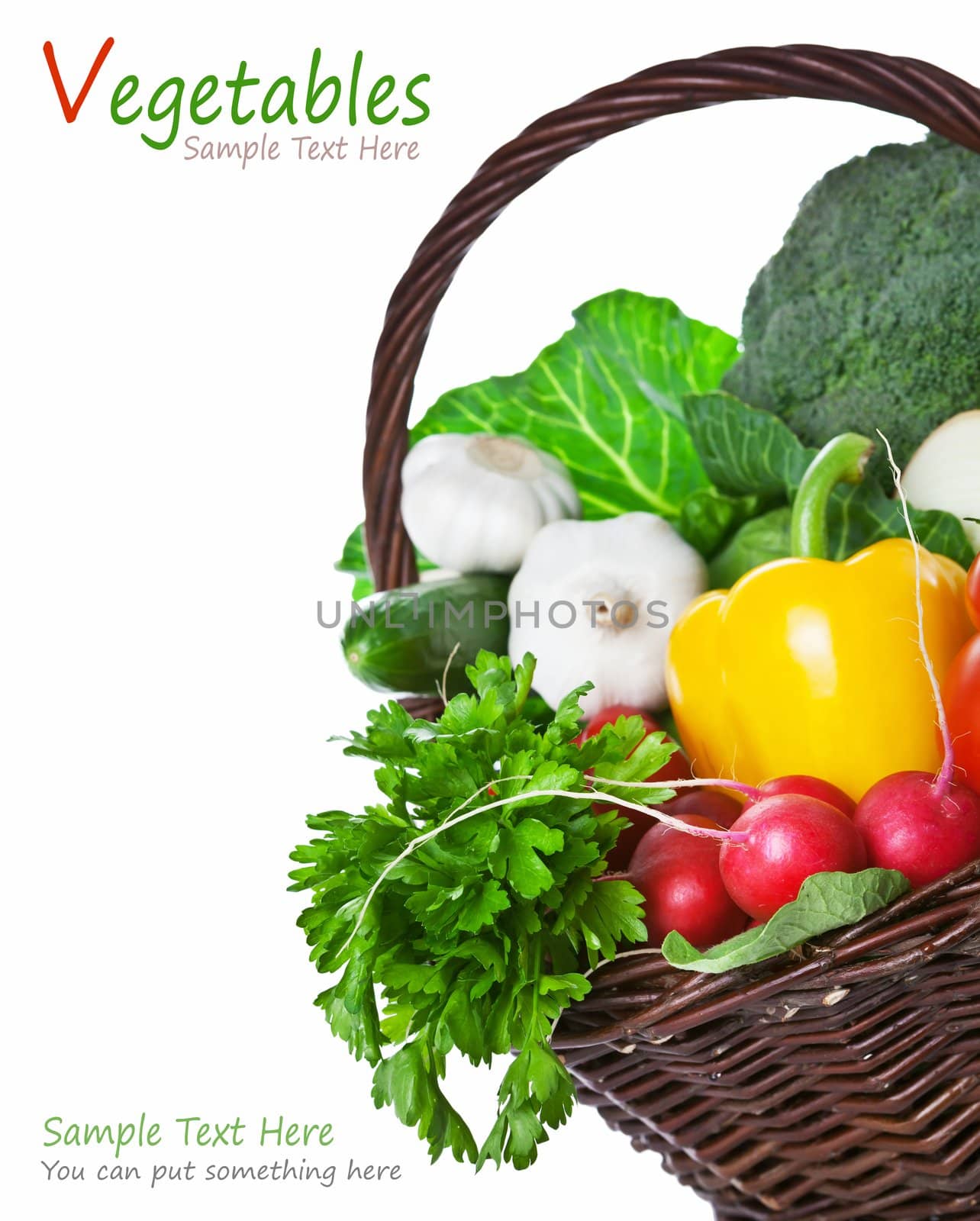 Composition with raw vegetables and wicker basket isolated on white background. Copy space 