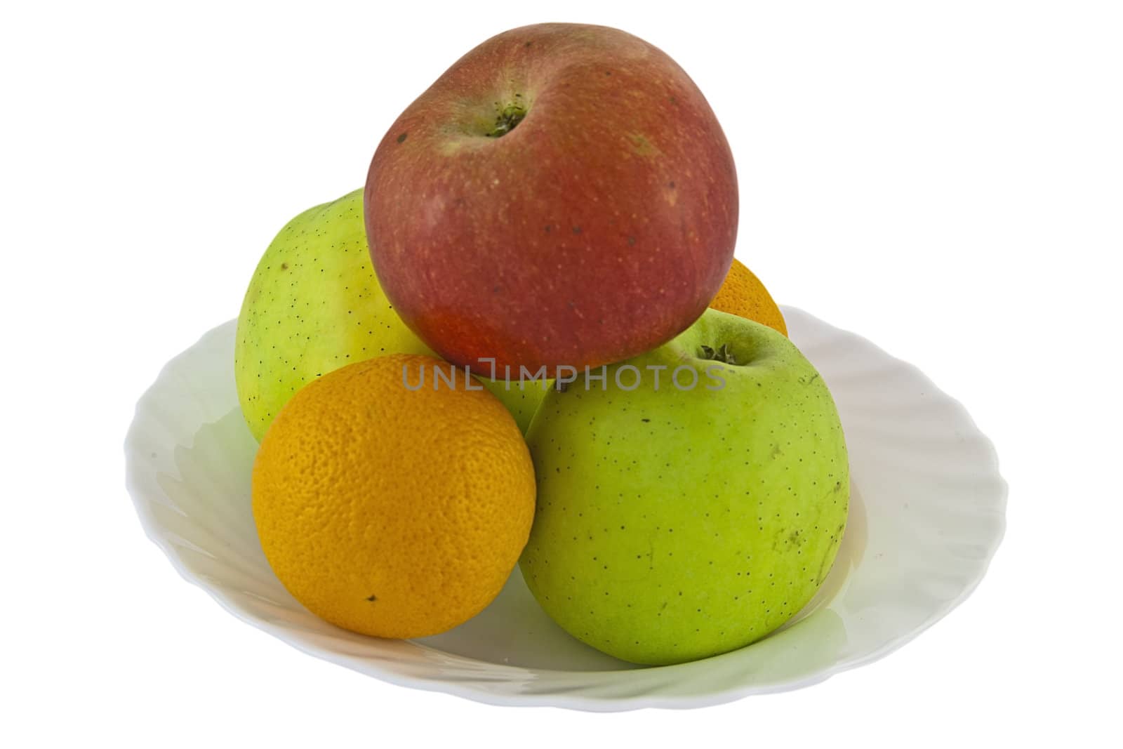 Arrangement of apples and oranges isolated on white