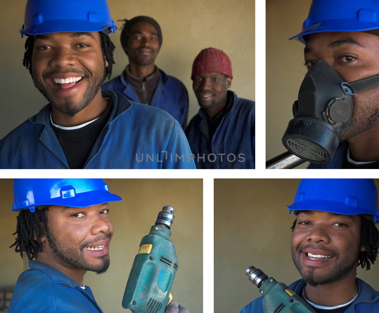 Collage combination three smiling building, plumbing contruction wokers African American