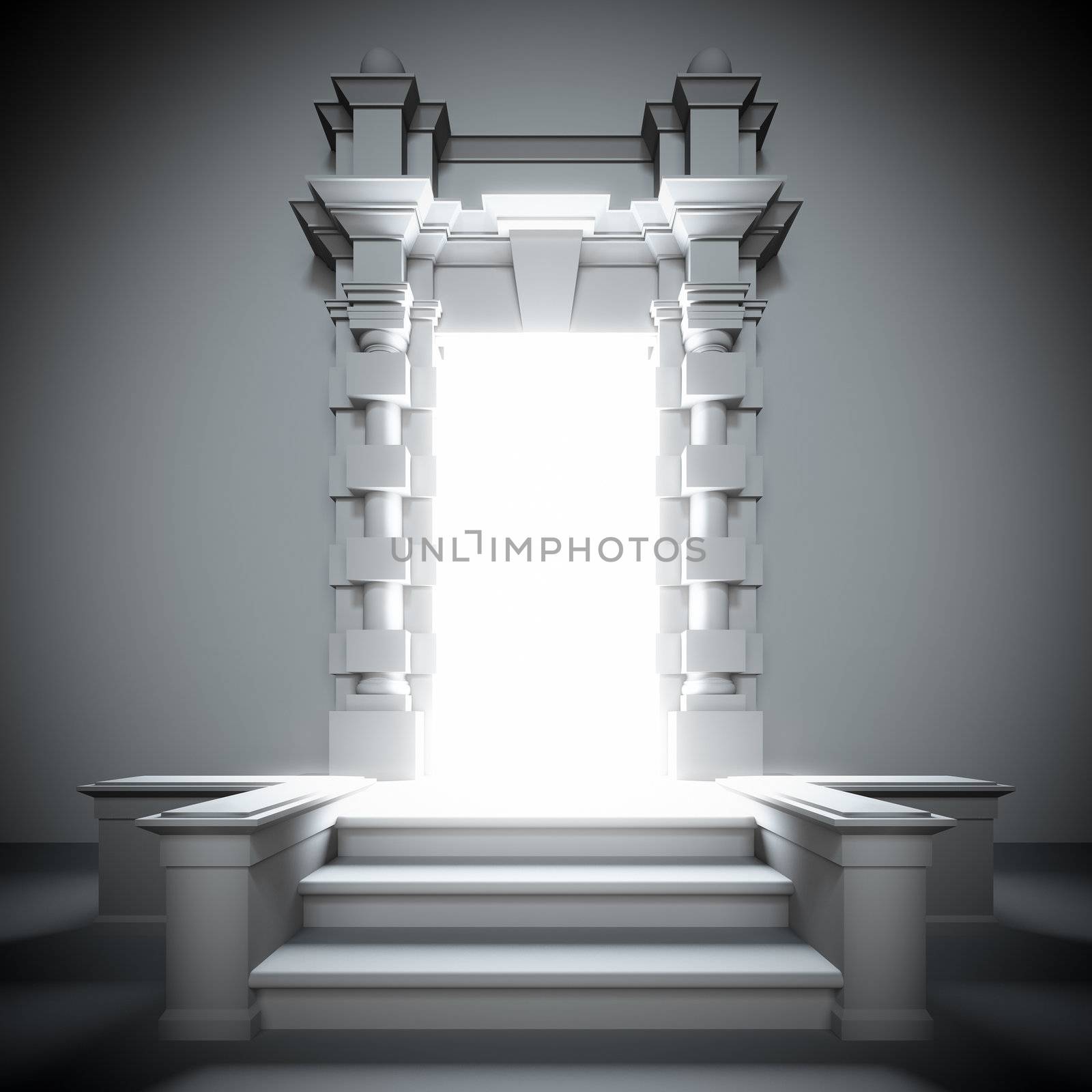 A 3d illustration of white portal to the future with bright light from him.