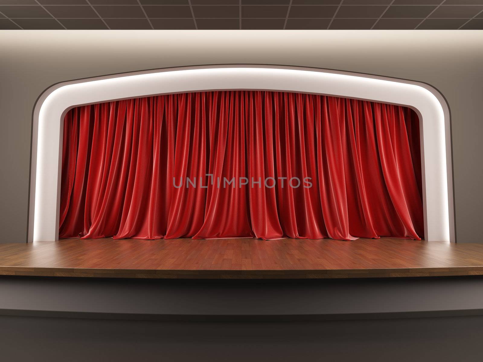 A 3d illustration blank template layout of empty stage with red velvet curtain.