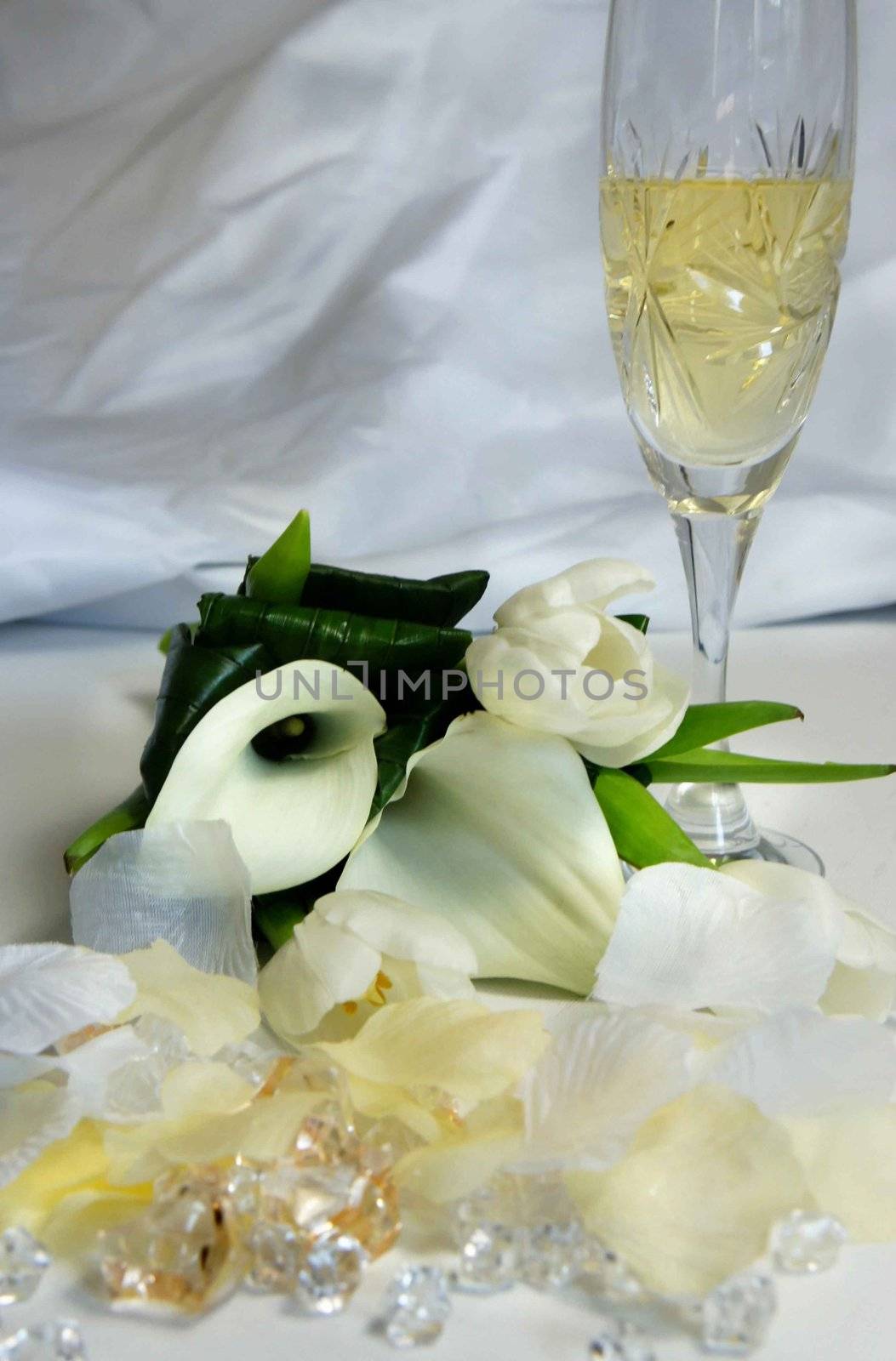 Beautiful wedding bouquet with tulips and lilac and lot of crystals and pearls      