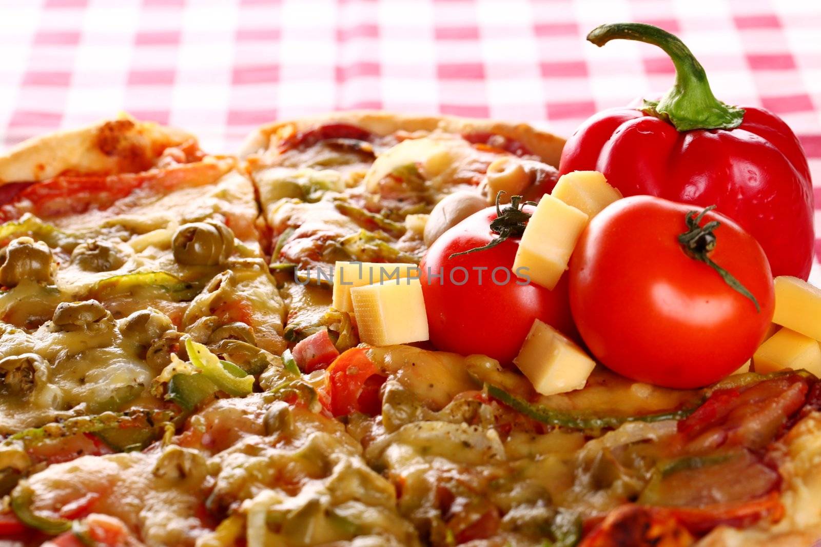 Image of fresh italian pizza on a squared tablecloth