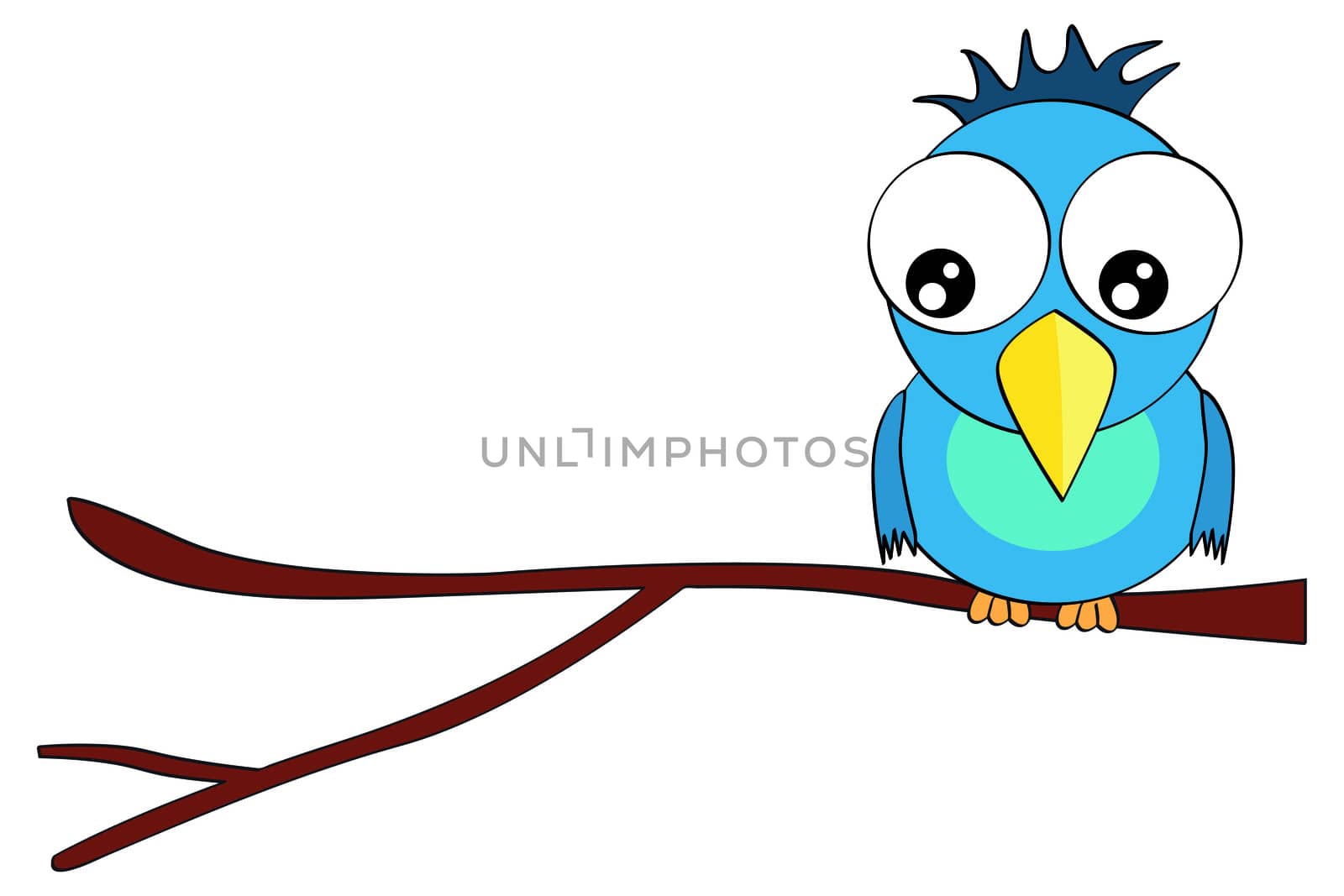 Cartoon smiling bird character on branch illustration isolated on white background by vermicule