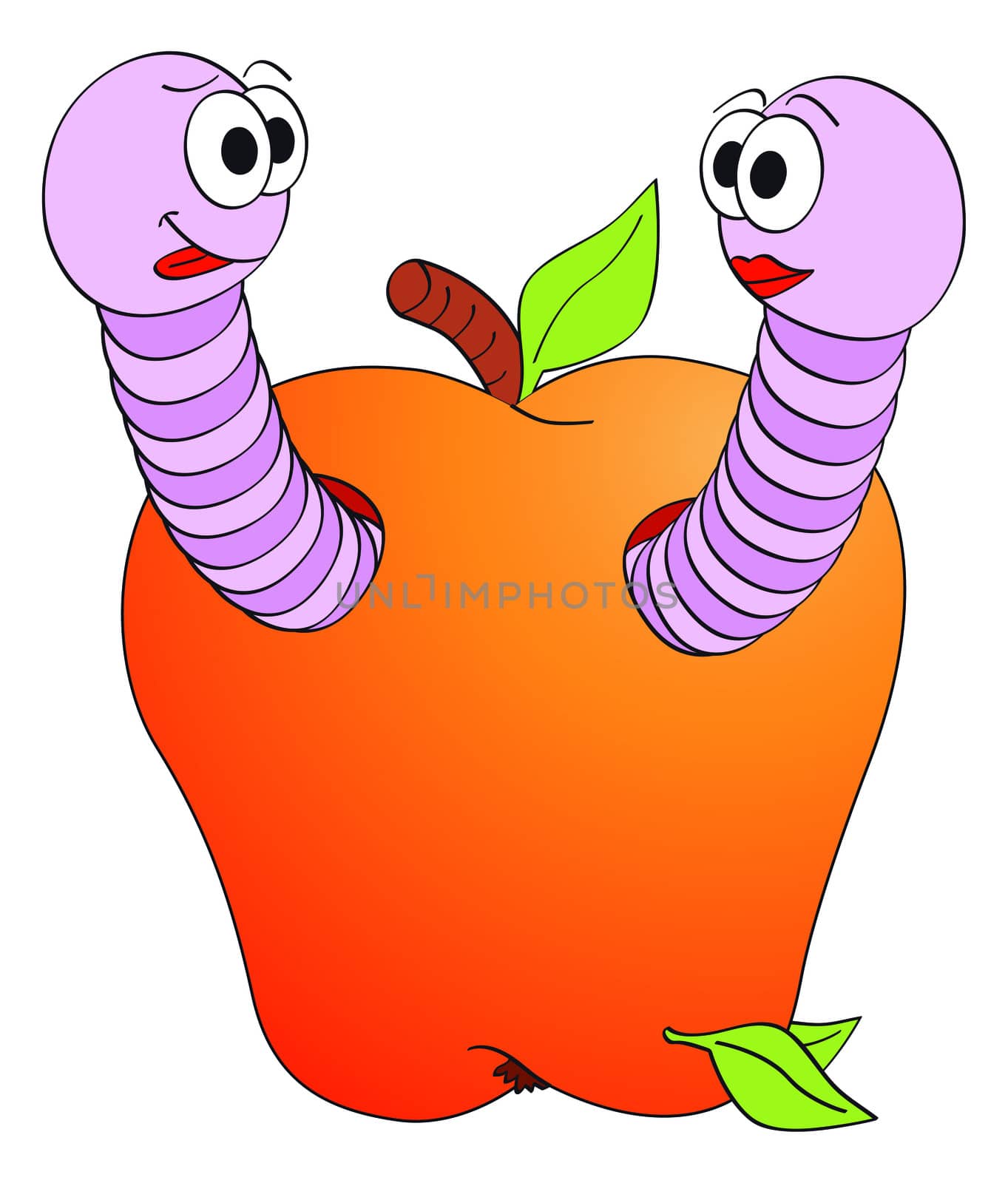 Cartoon smiling worms character in apple illustration isolated on white background