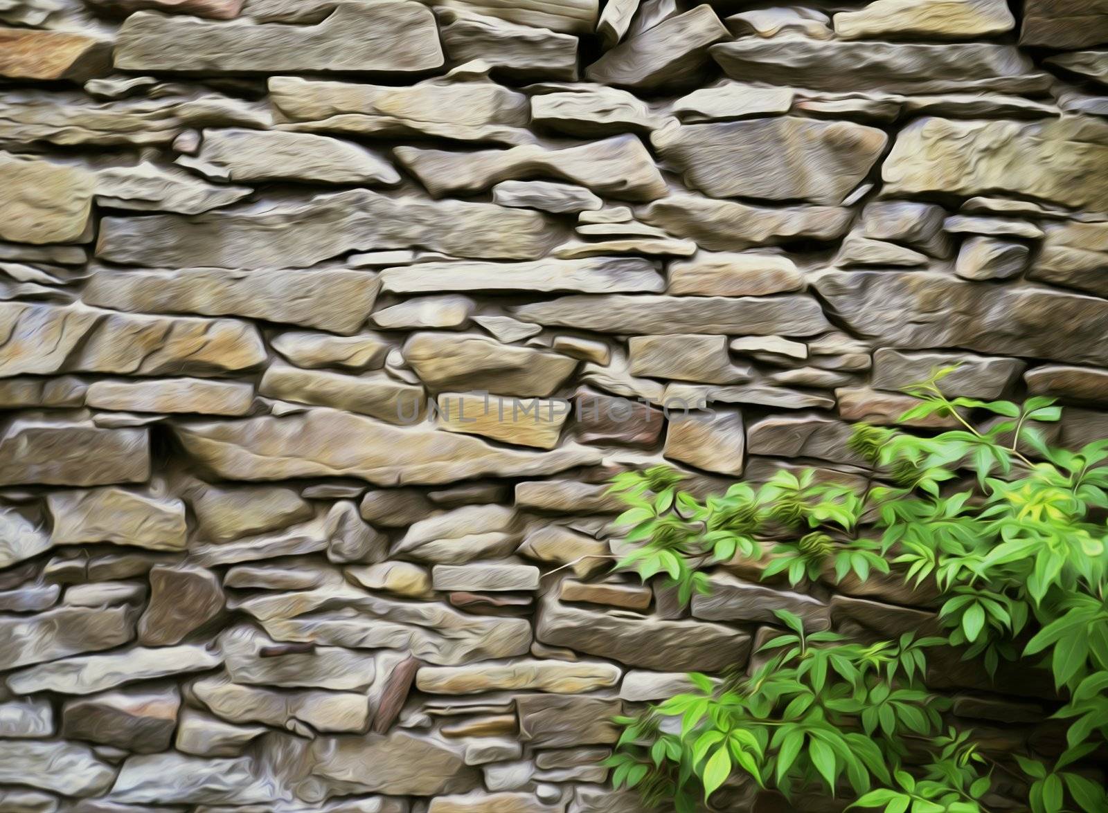 oil painting stone wall with green bushes at the bottom of Figure