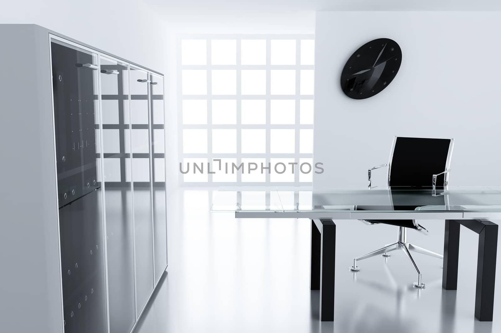 Light modern cubicle with a table and an armchair