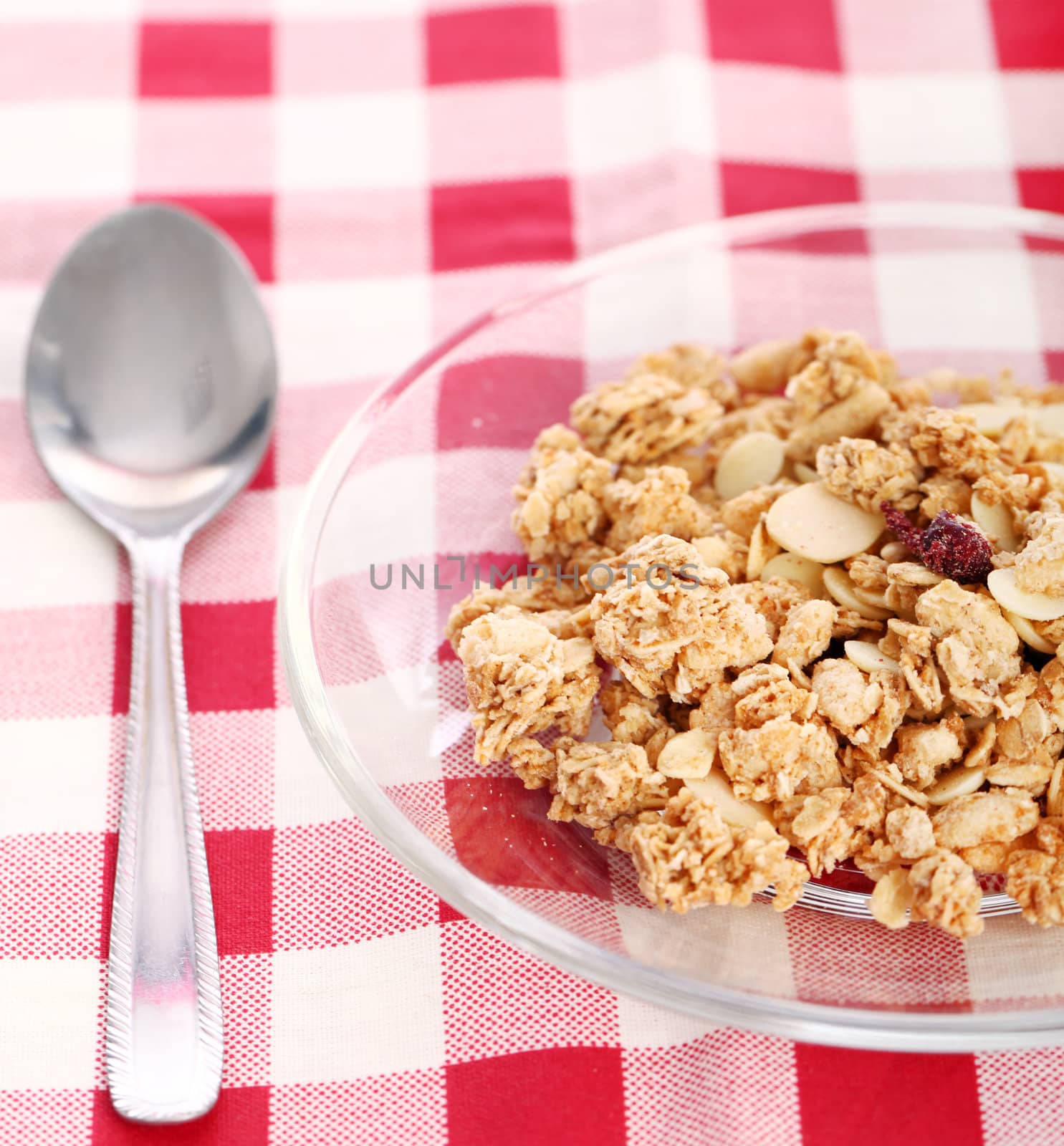 Healthy wholegrain muesli in a plate with silver spoon on a squared tablecloth