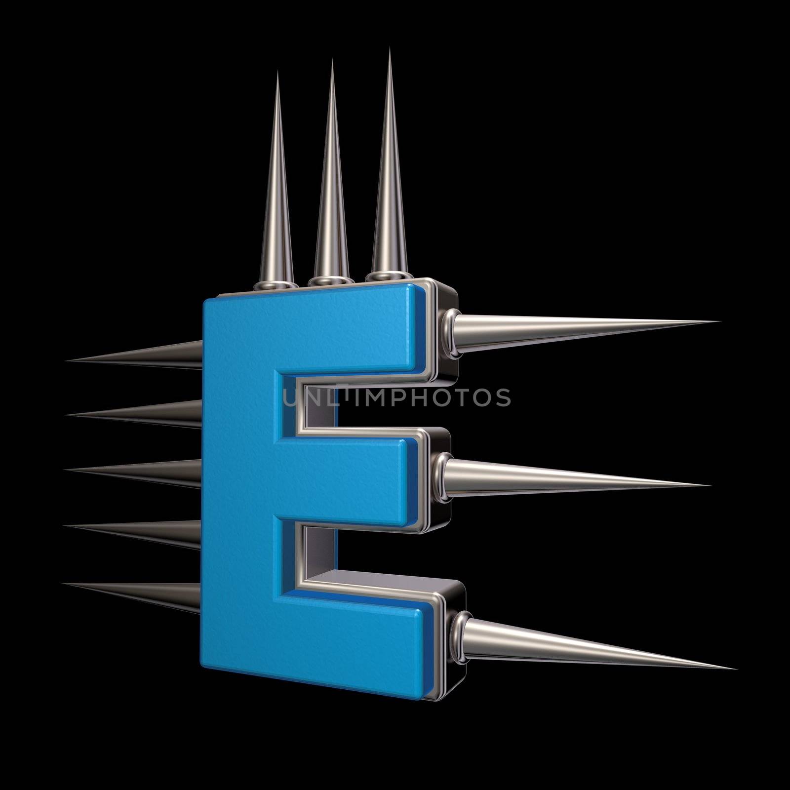 letter e with metal prickles on black background - 3d illustration