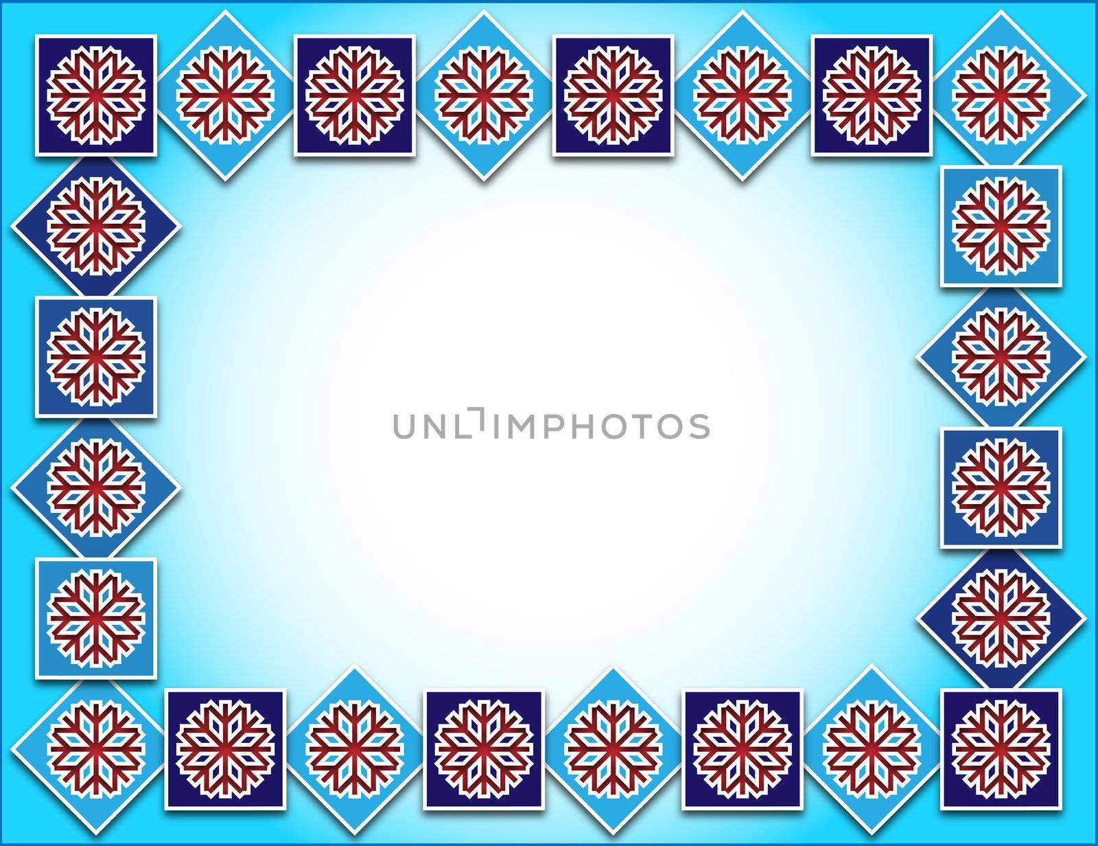 winter background with snowflakes on red squares distributed in the frame