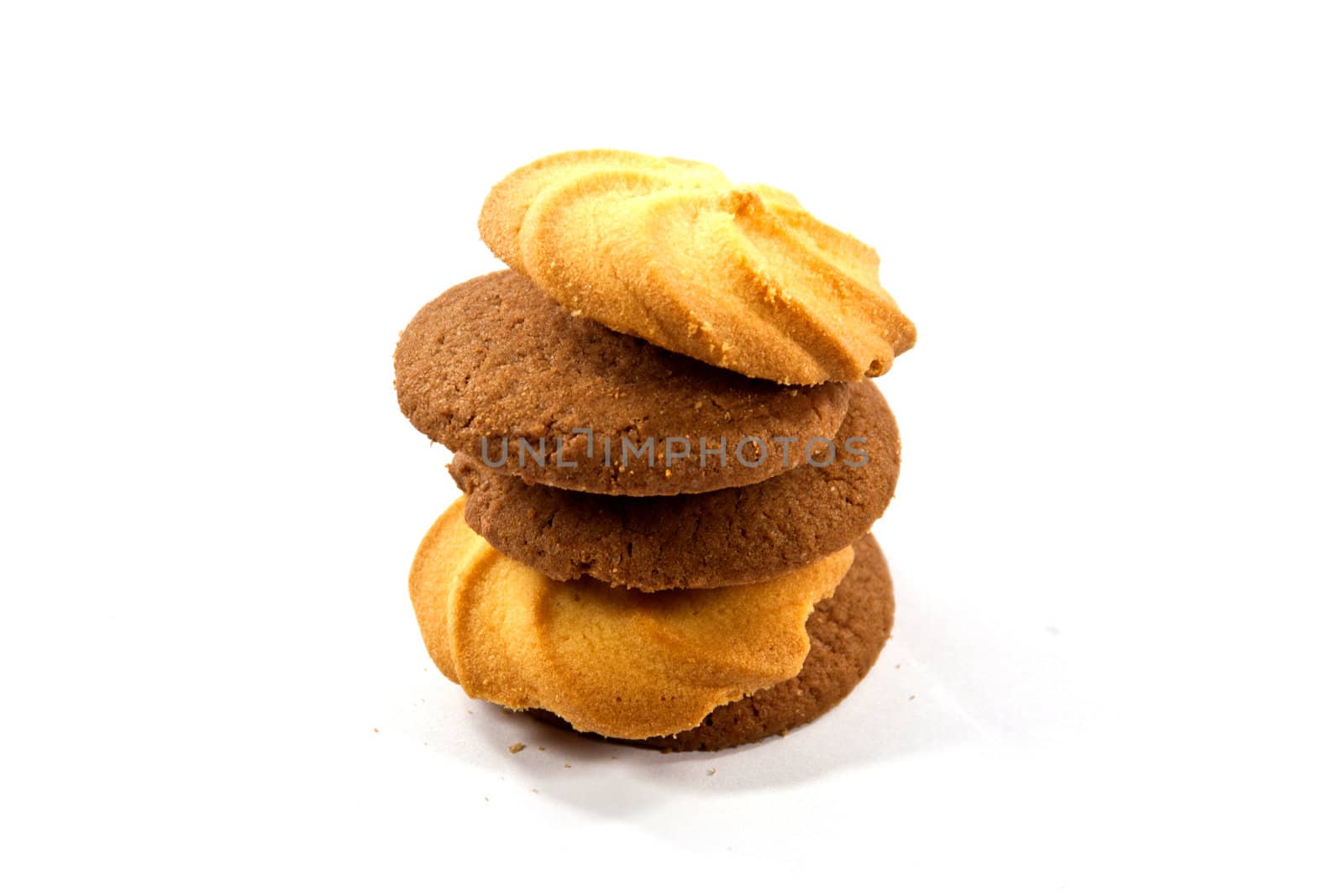 Cookie chocolate, milk and vanilla on white background.