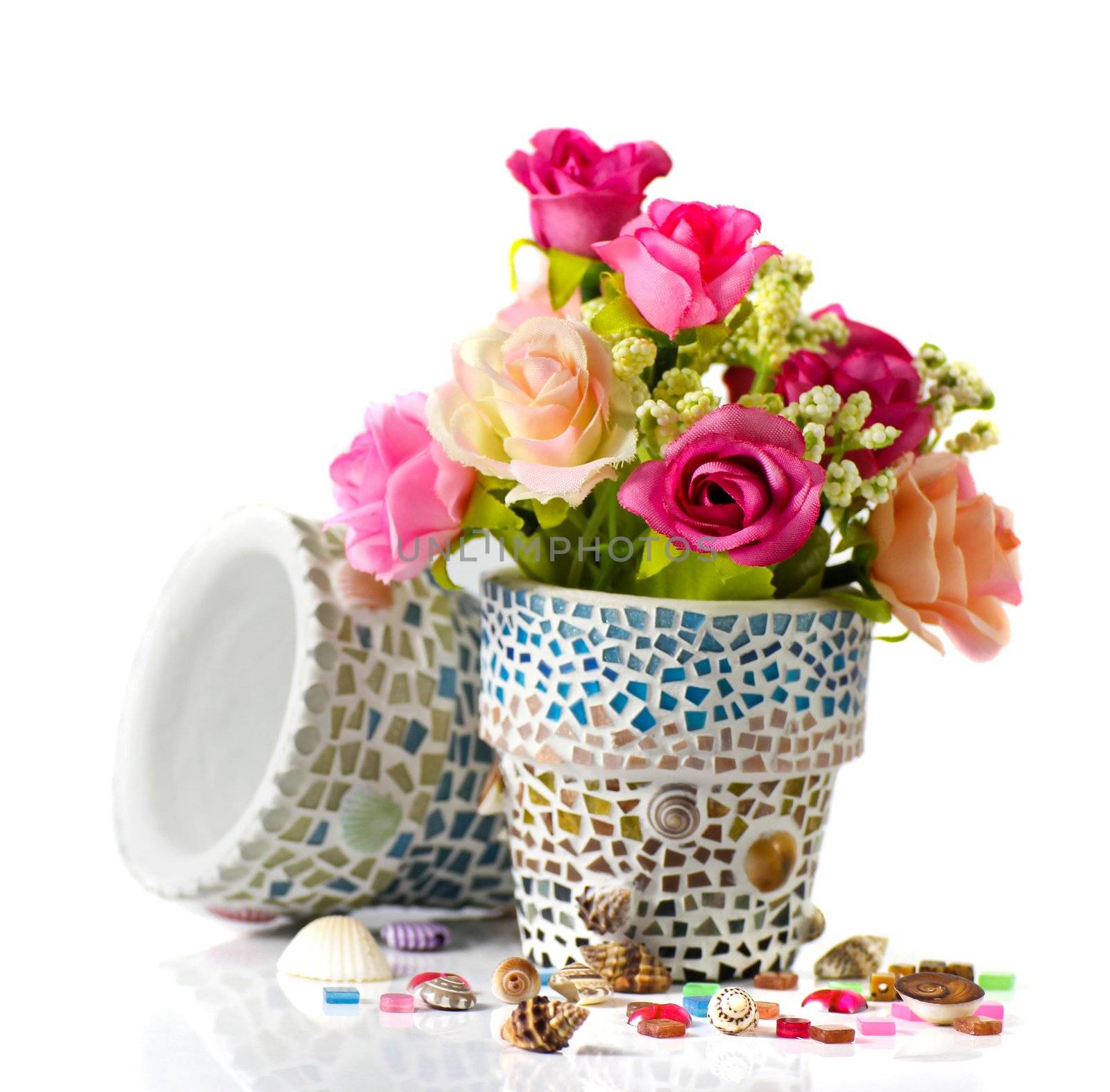 Rose and mosaic flower pot  I made myself mosaic flower pot