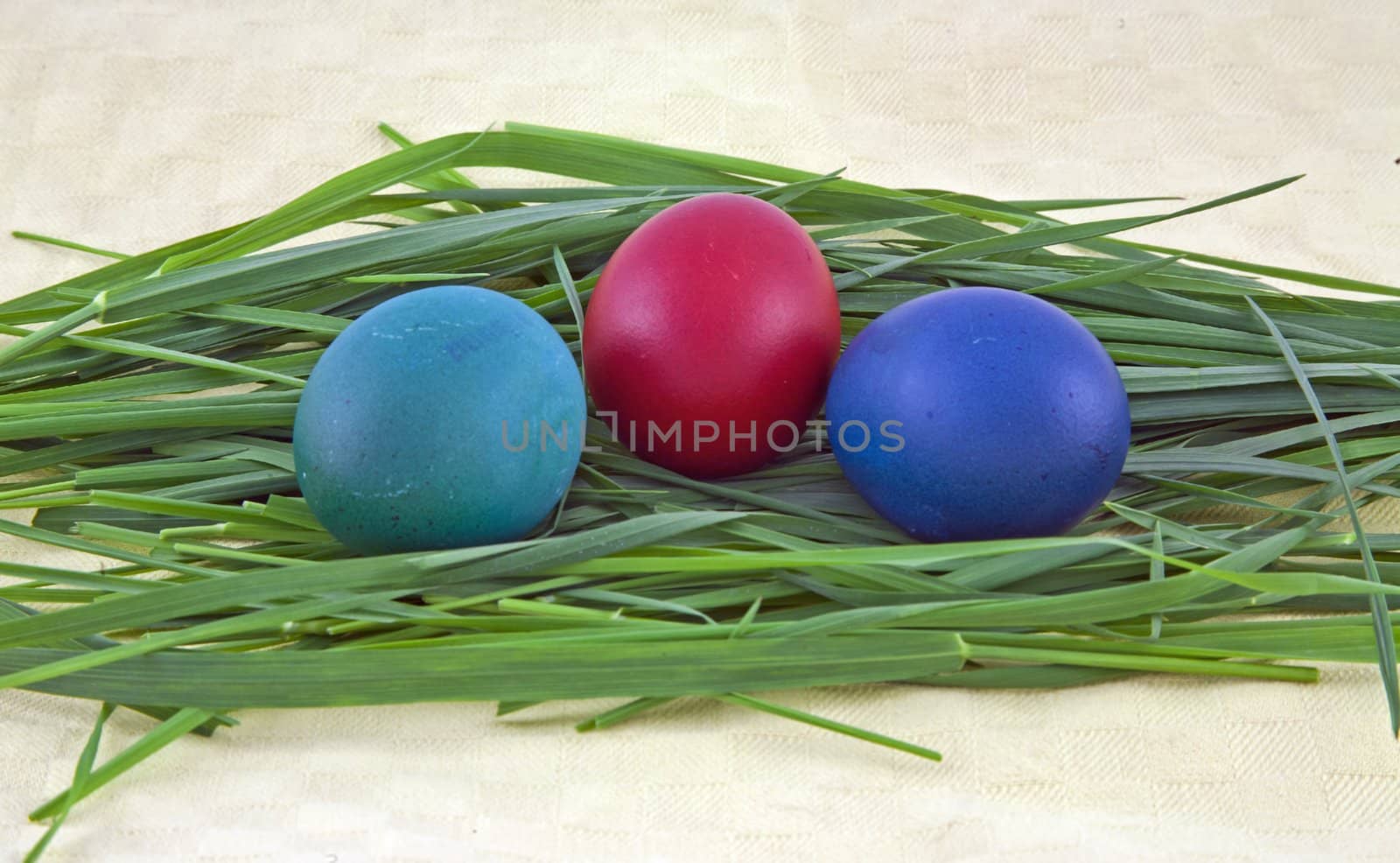 Closeup of three easter eggs on grass