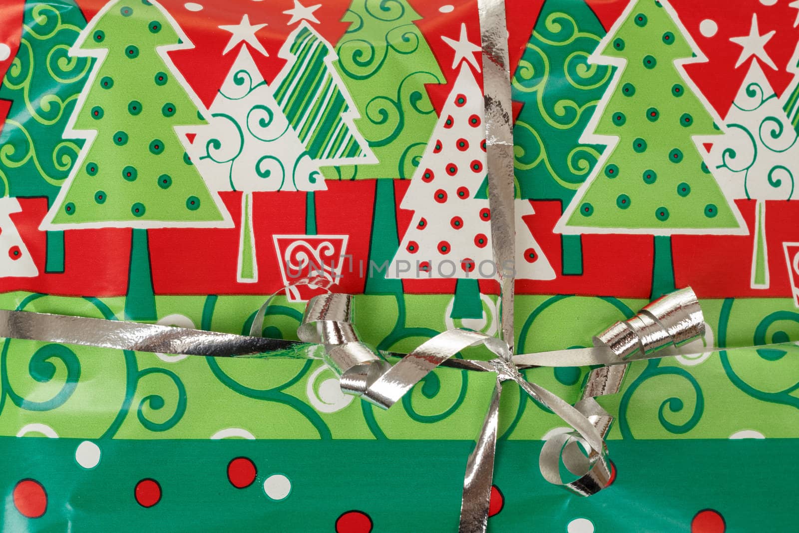 detail of silver ribbon on christmas gift