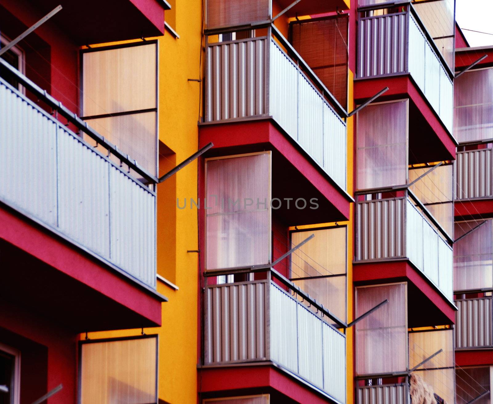 balcony levels to block of apartment building in saturated colors