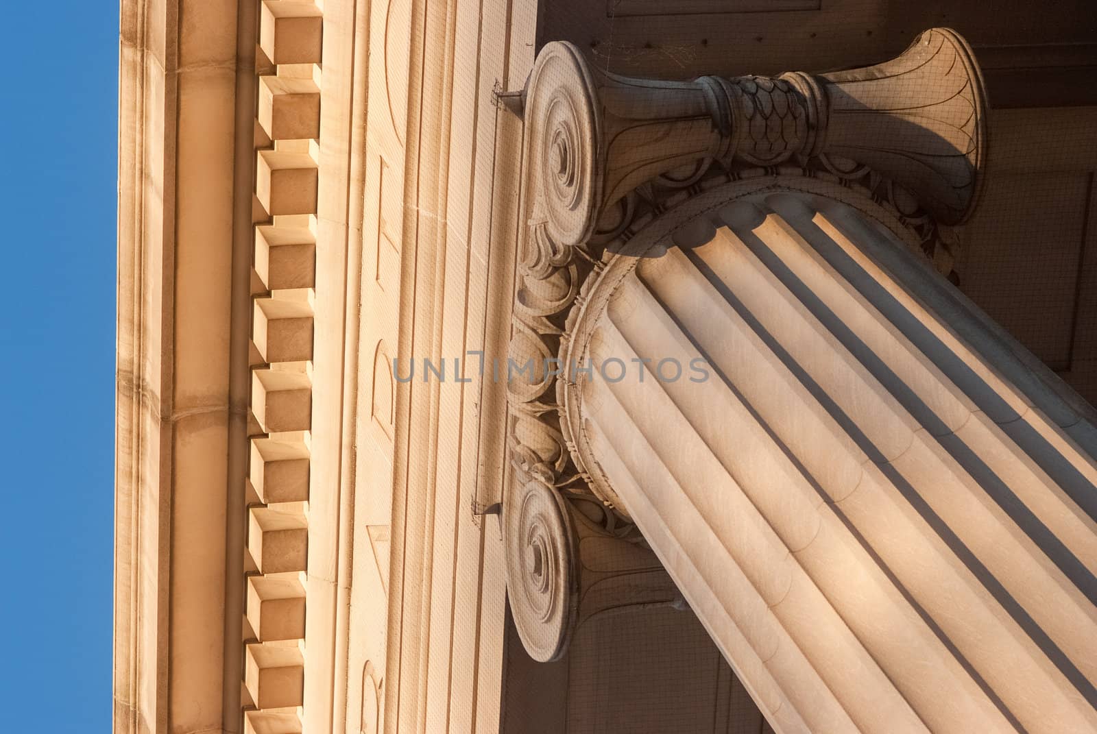 Ionic column top at sunset with blue sky