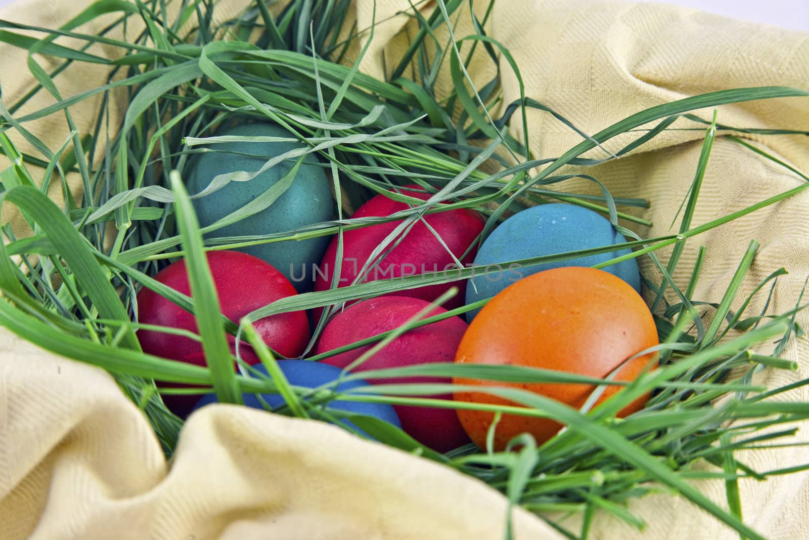 Colorful easter eggs in a basket and grass nest