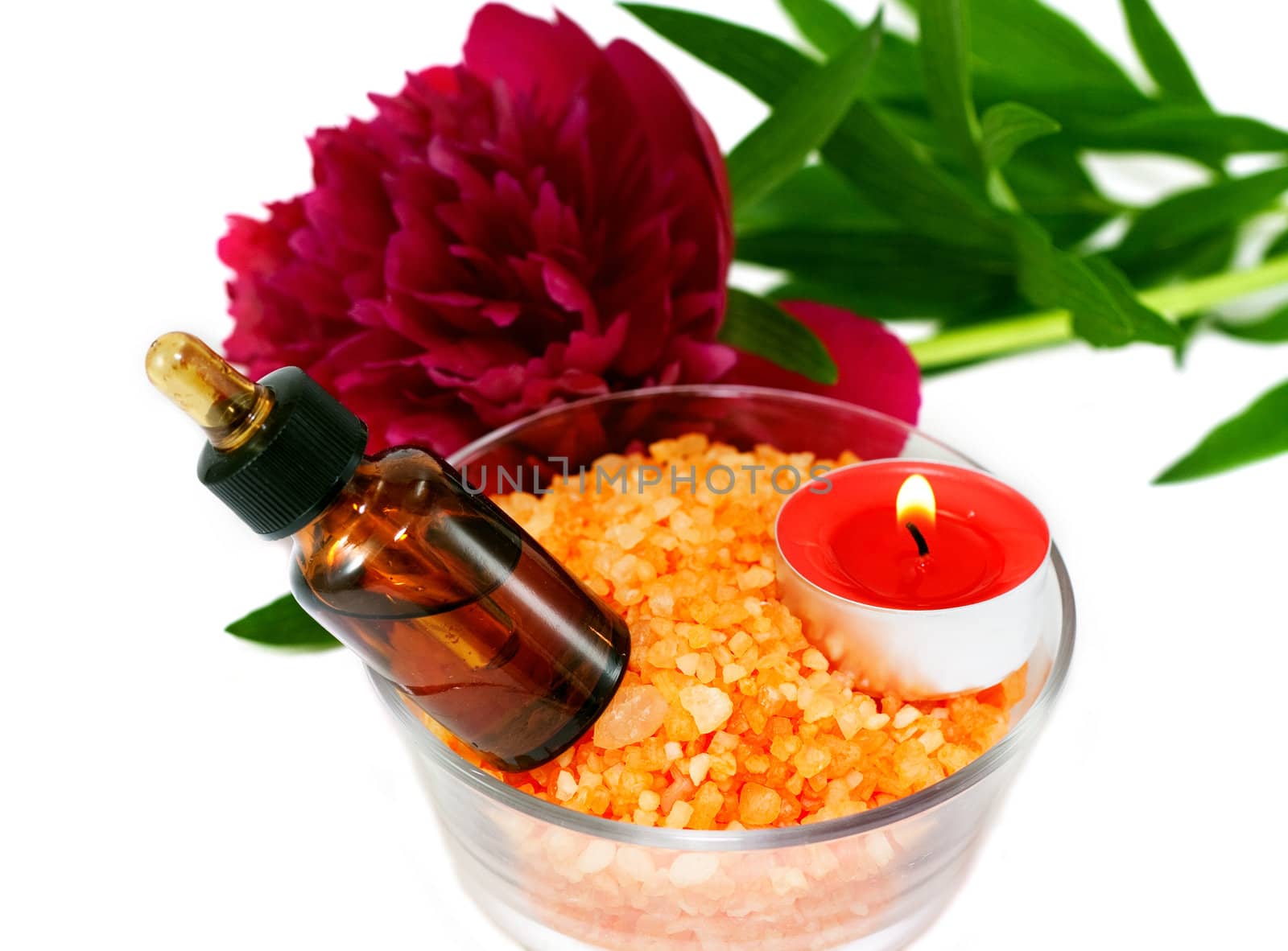 Aromatherapy set with flower peony and flasks.
