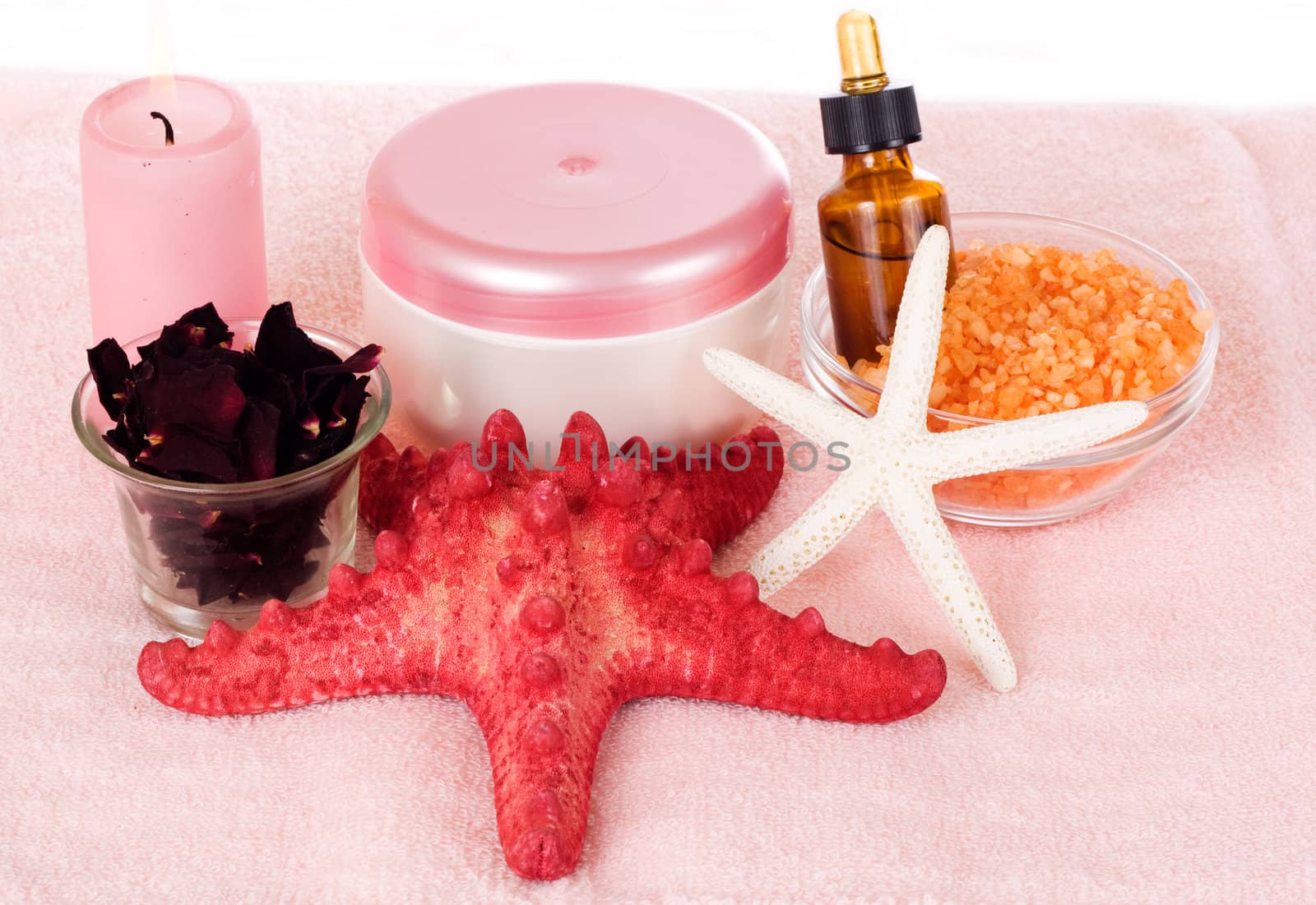 Subject health and spa, towel, bath salt, candle, starfish 
