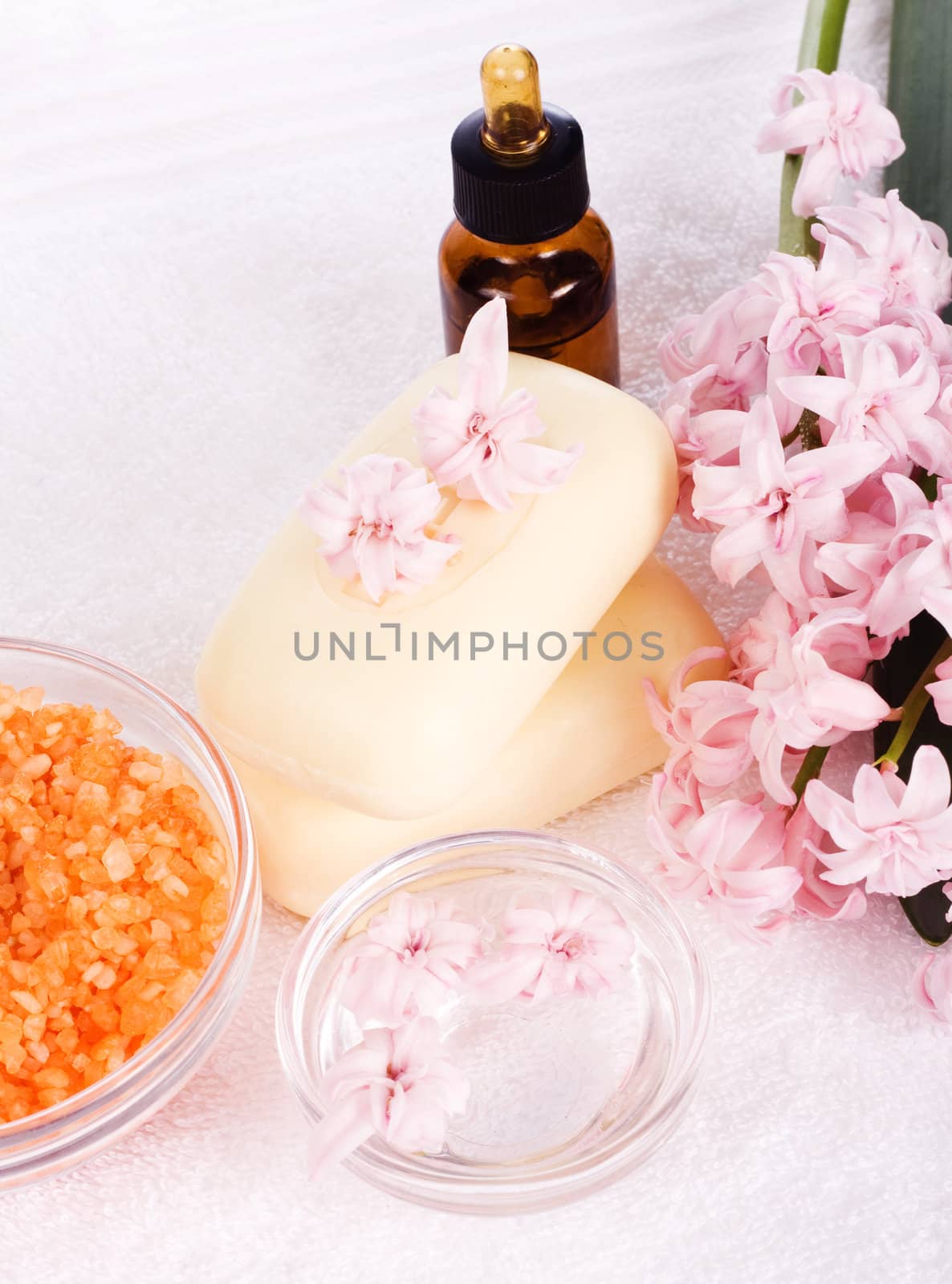 Soap, bath salt hyacinth on a towel