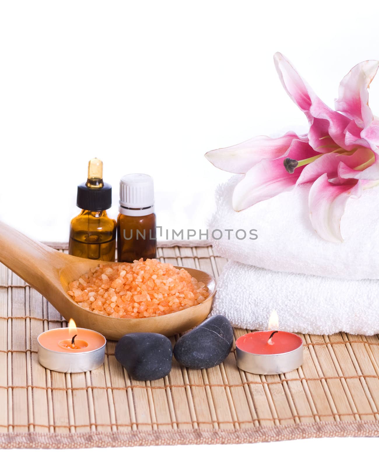SPA background. spa treatments, pink lily, candles, salt