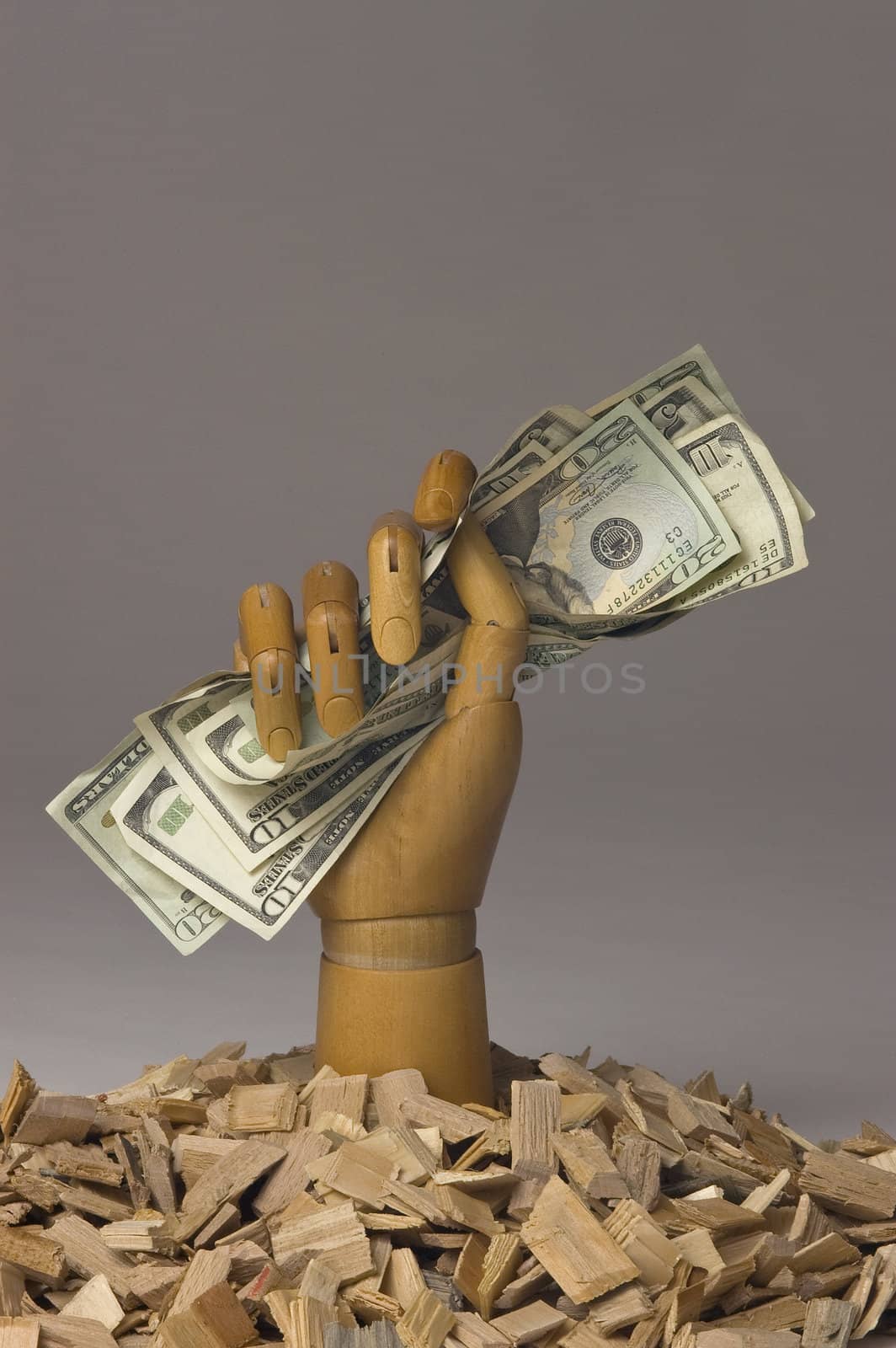 Wooden modelling hand standing in wood chips holding cash