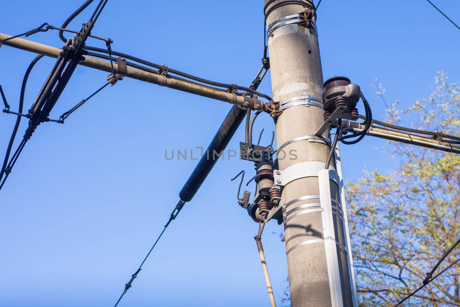 Overhead electrical power cables on pylon power pole