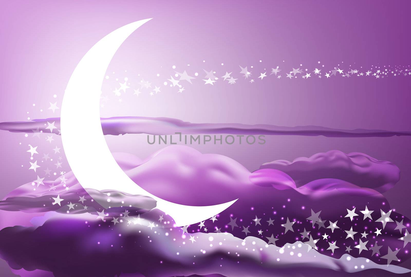 vector romantic scene with moon, stars and pink clouds, eps 10 file, gradient mesh and transparency used