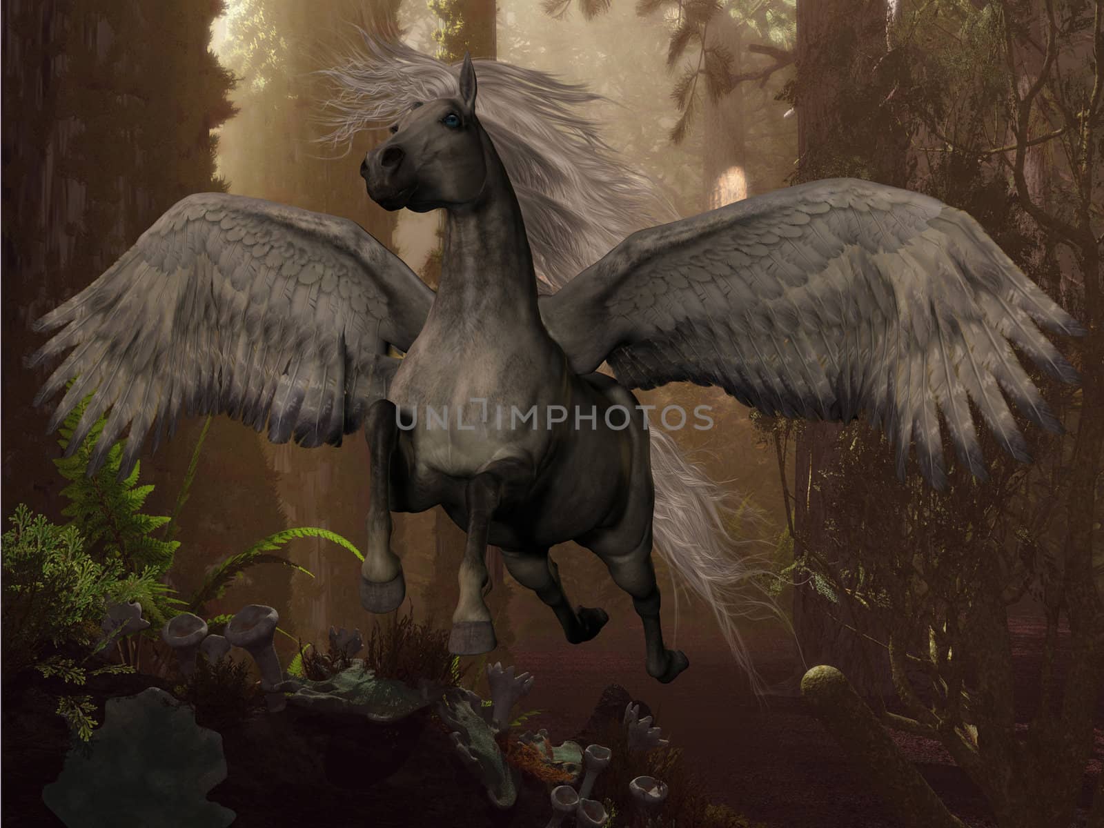 A white Pegasus horse flies up to the sky through a dense forest.