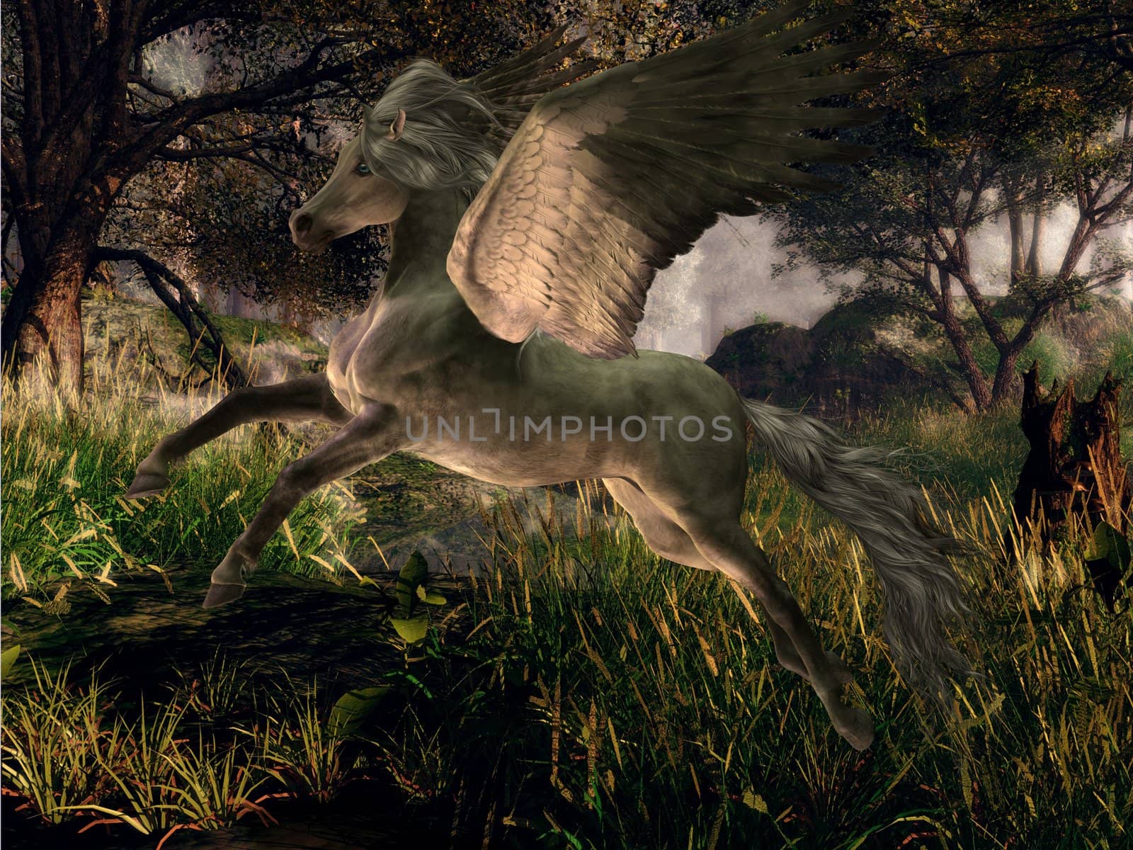 A golden white Pegasus flies through a forest on magical wings.
