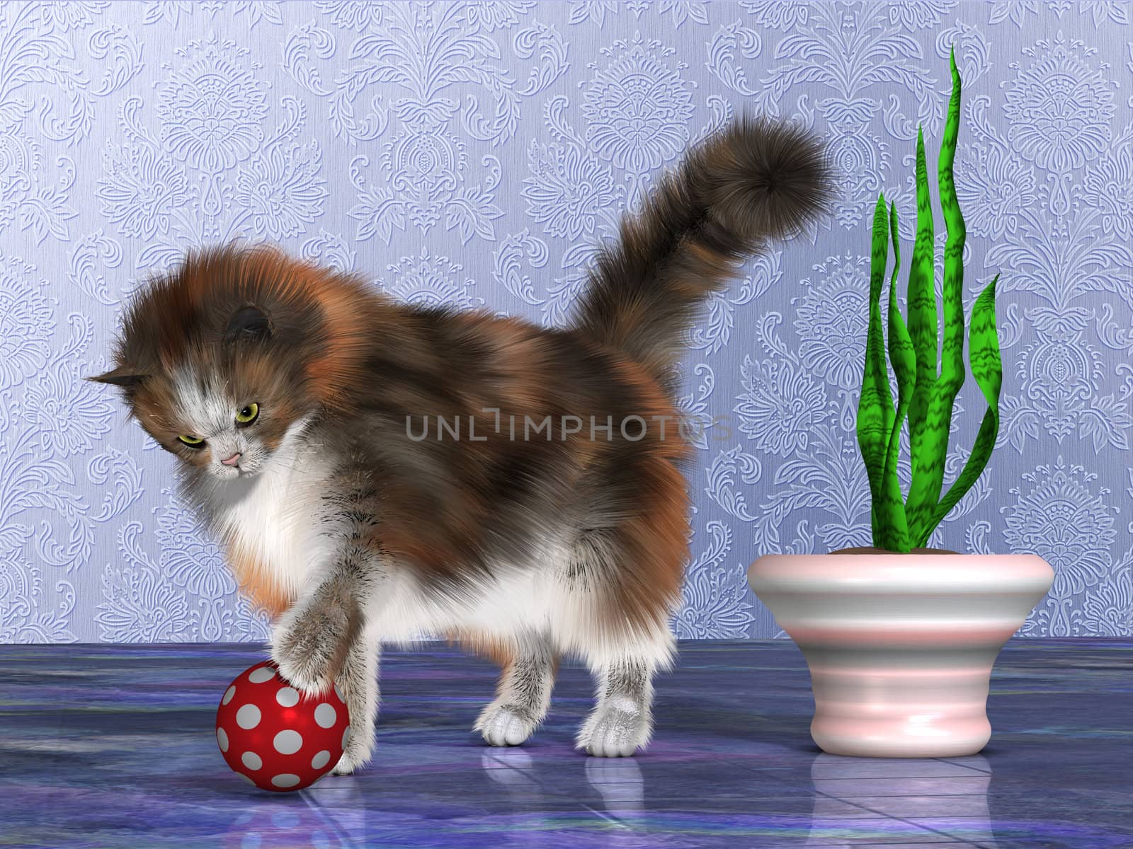 Oscar, a calico cat, plays with a red ball on a purple marble floor.