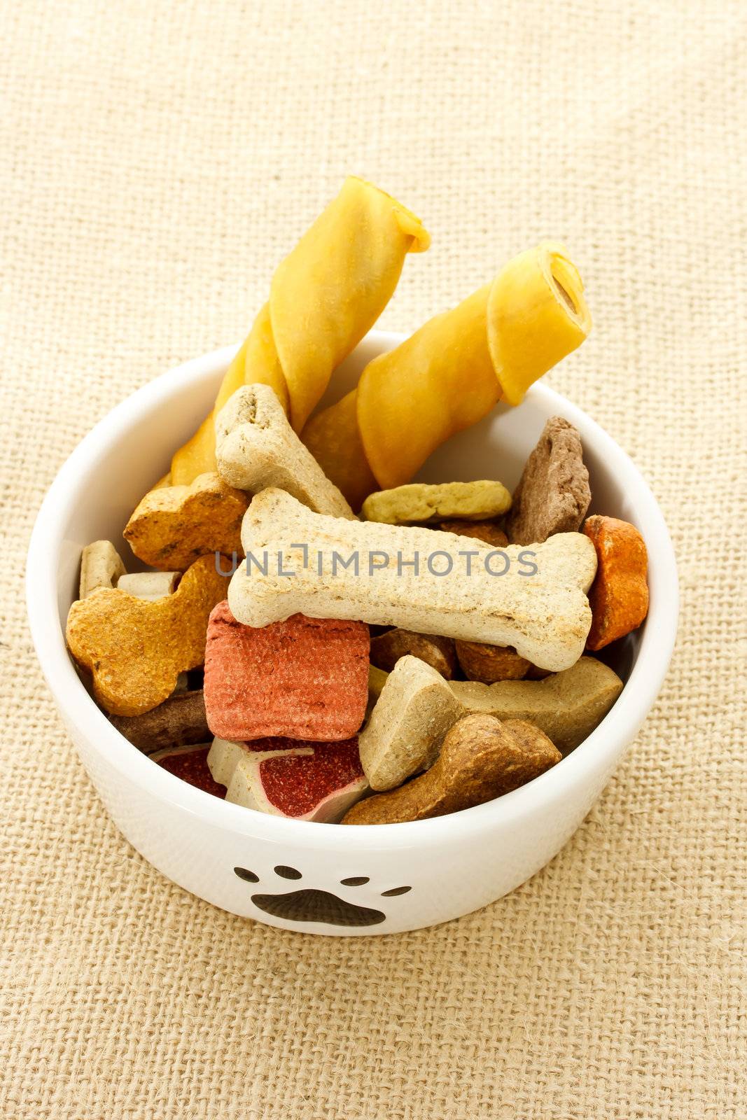 Dog food in dog bowl on burlap cloth