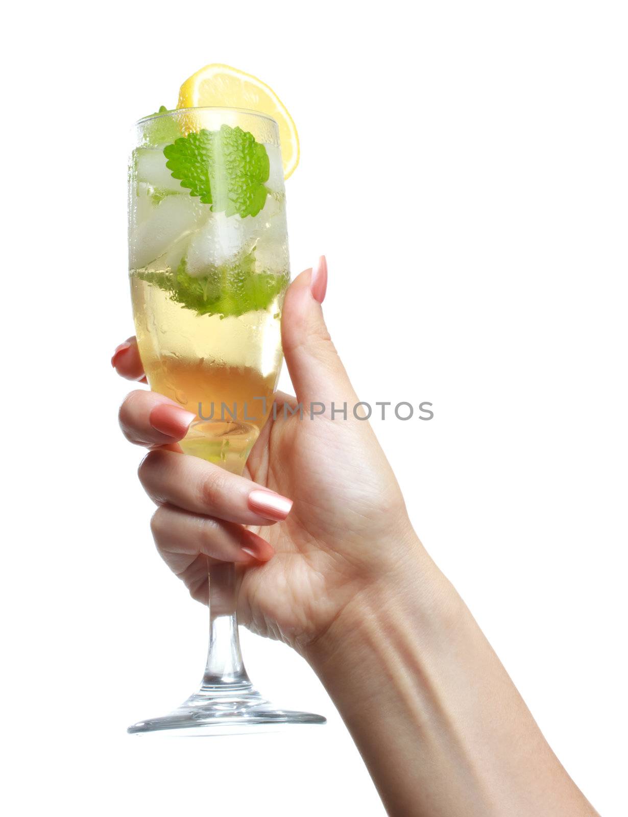 Woman holding a champange glass on white background 