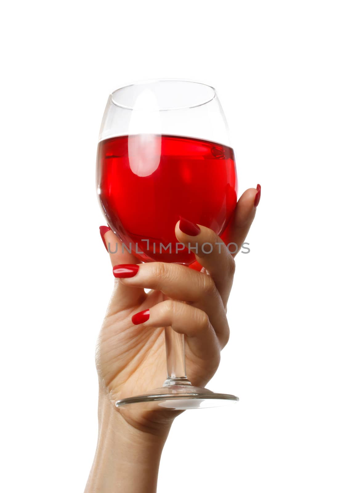 Woman holding a wine glass on white background