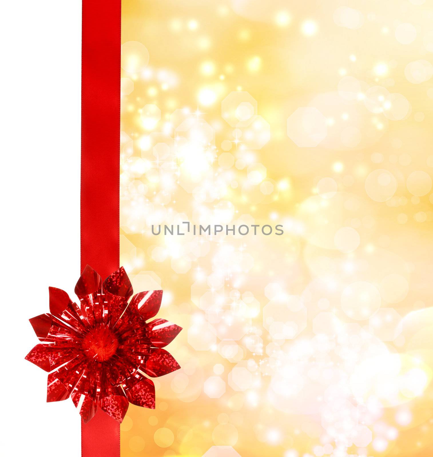 Red Bow and Ribbon with Golden Bokeh Lights Background 