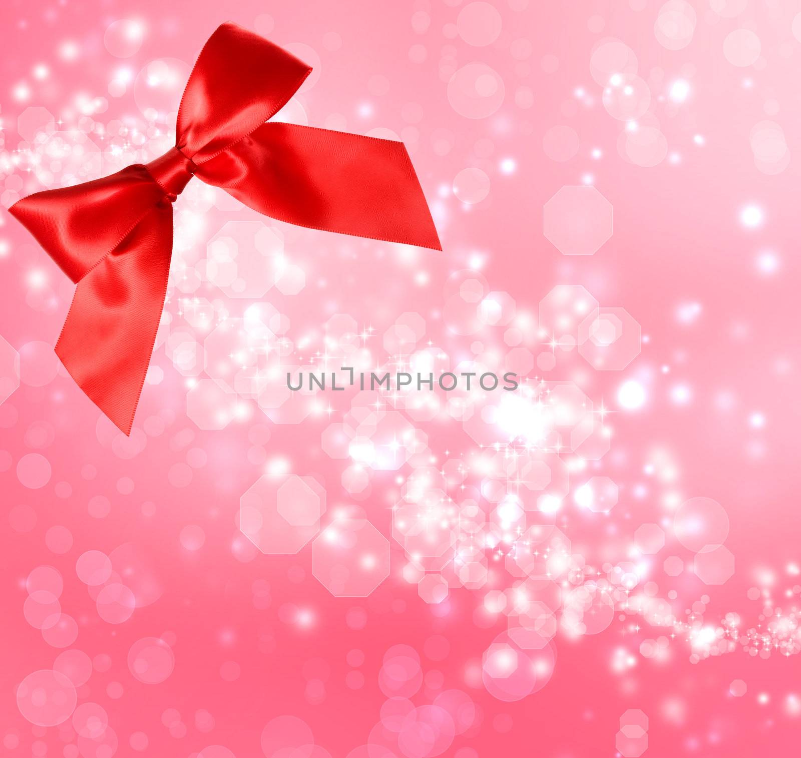 Red Satin Bow with  Pink Bokeh Lights Background 