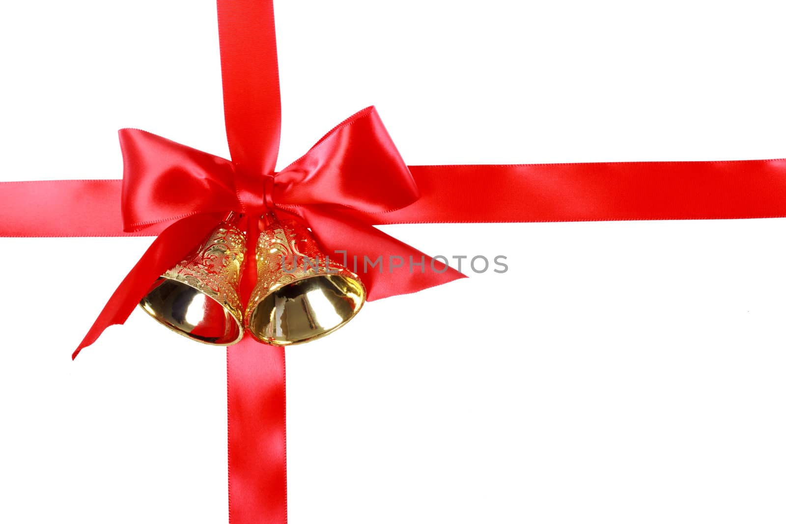 Red Christmas ribbon with bells over white background