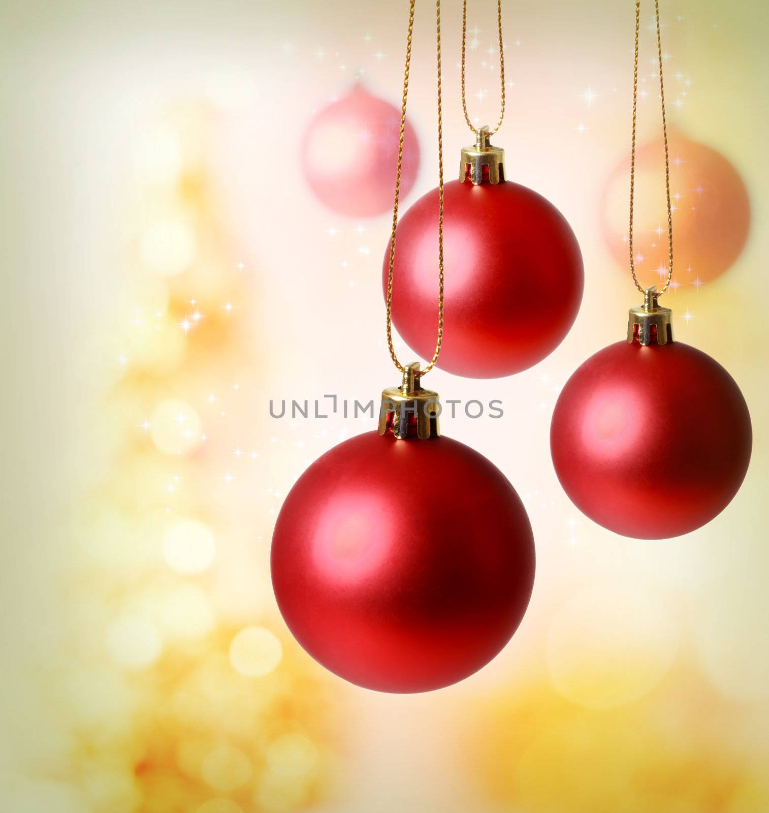 Red Christmas ornaments with golden background