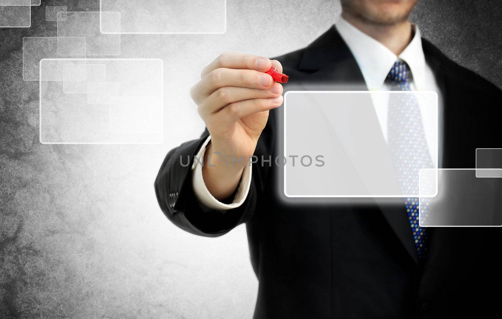 Business man in front of touch screen by melpomene