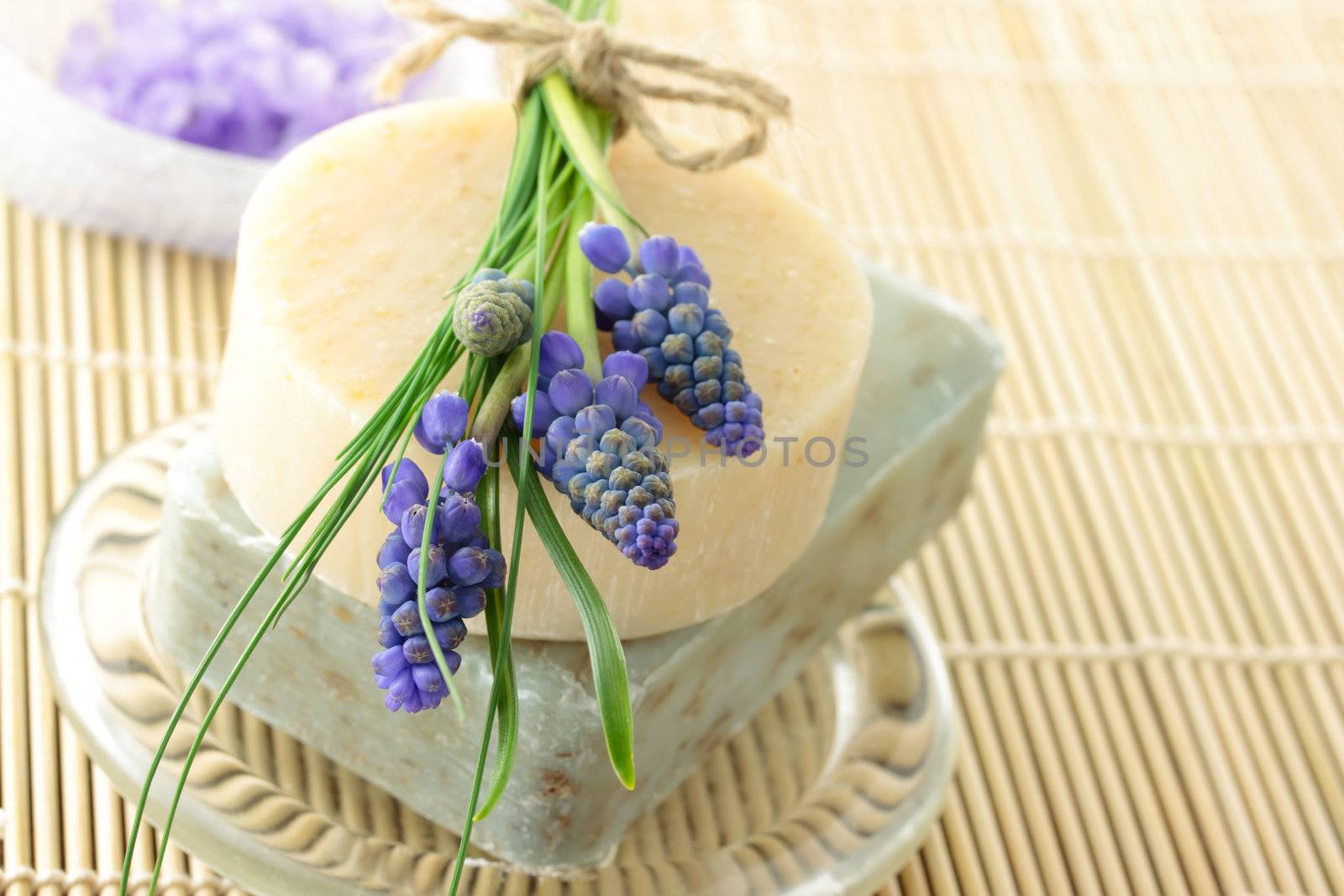 Handmade soap, lavender bath salt, and grape hyacinth