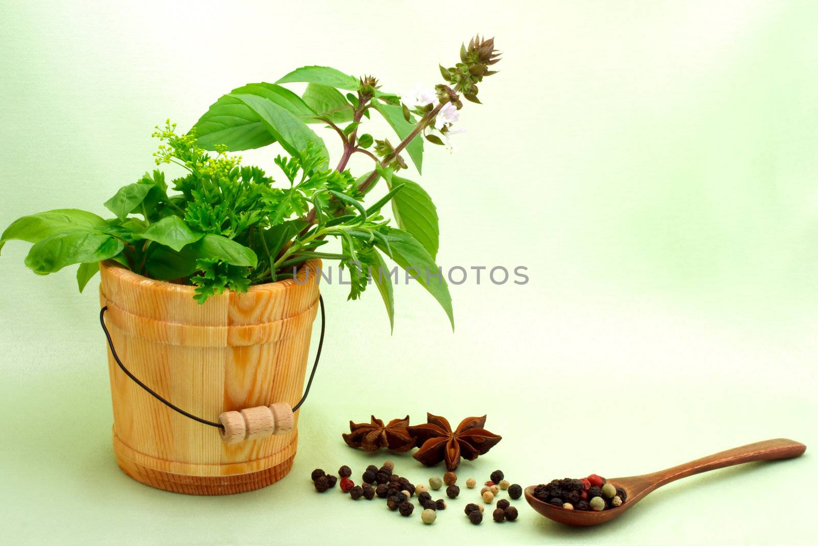 Collection of herbs with peppercorn and star anise