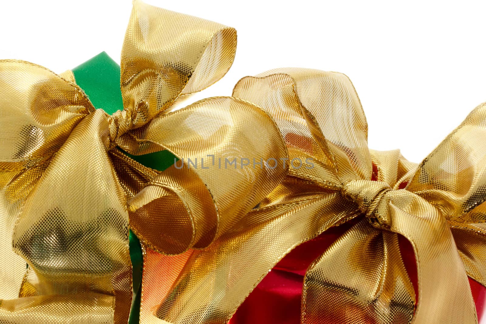 Red and green gift boxes on white background