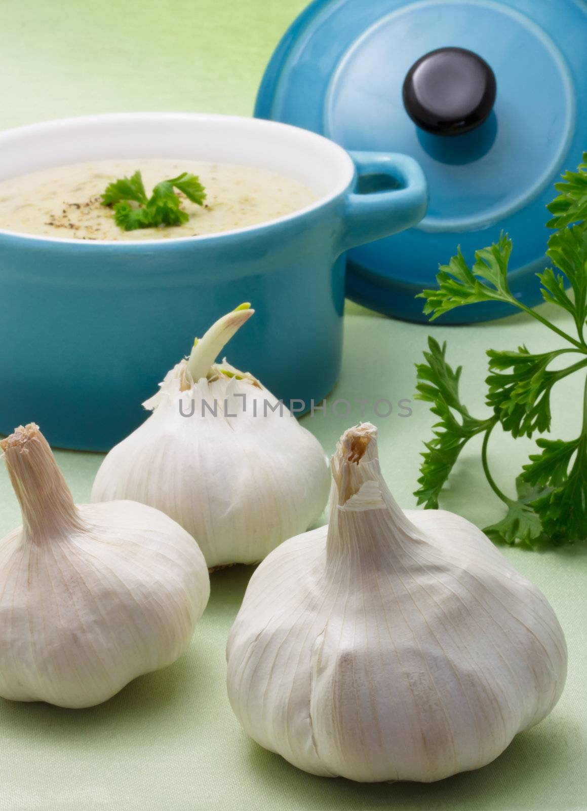 Garlic with creamy soup in blue pot