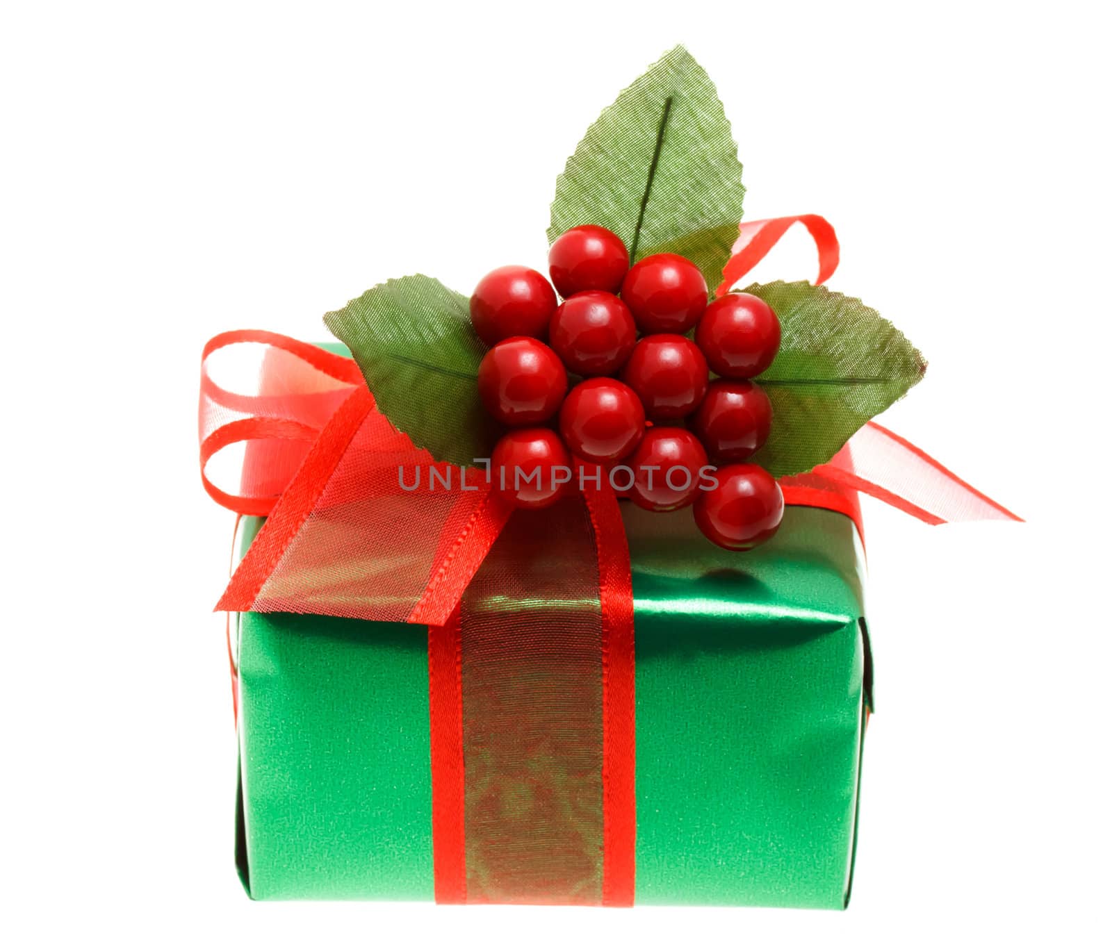 Green Christmas gift box isolated on white background